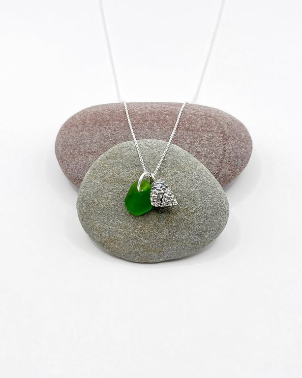 Cornish Sea Glass and Silver Coated Strawberry Top Shell Necklace - Green