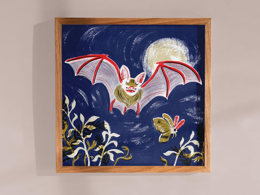 Bat and Moth Square Art Print: Wildlife Illustration on Recycled Paper