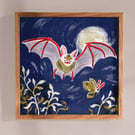 Bat and Moth Square Art Print: Wildlife Illustration on Recycled Paper