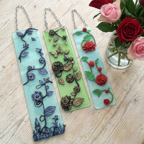 Handmade Fused Glass 3D Flowers Hanging Picture - Suncatcher - Flower Wall Art