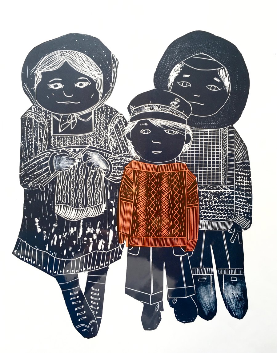 Knitting Ganseys - Lino Print