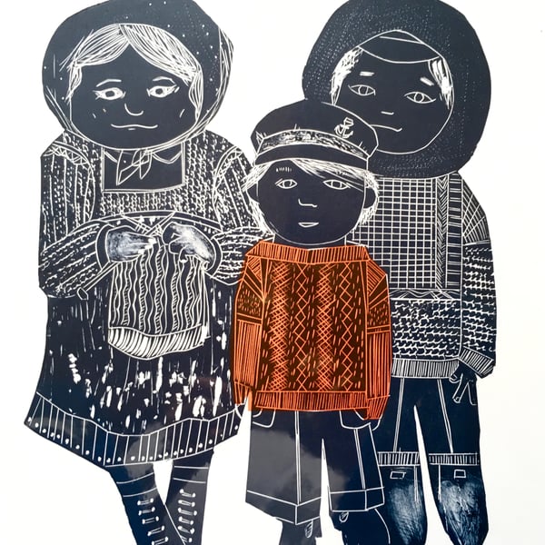 Knitting Ganseys - Lino Print