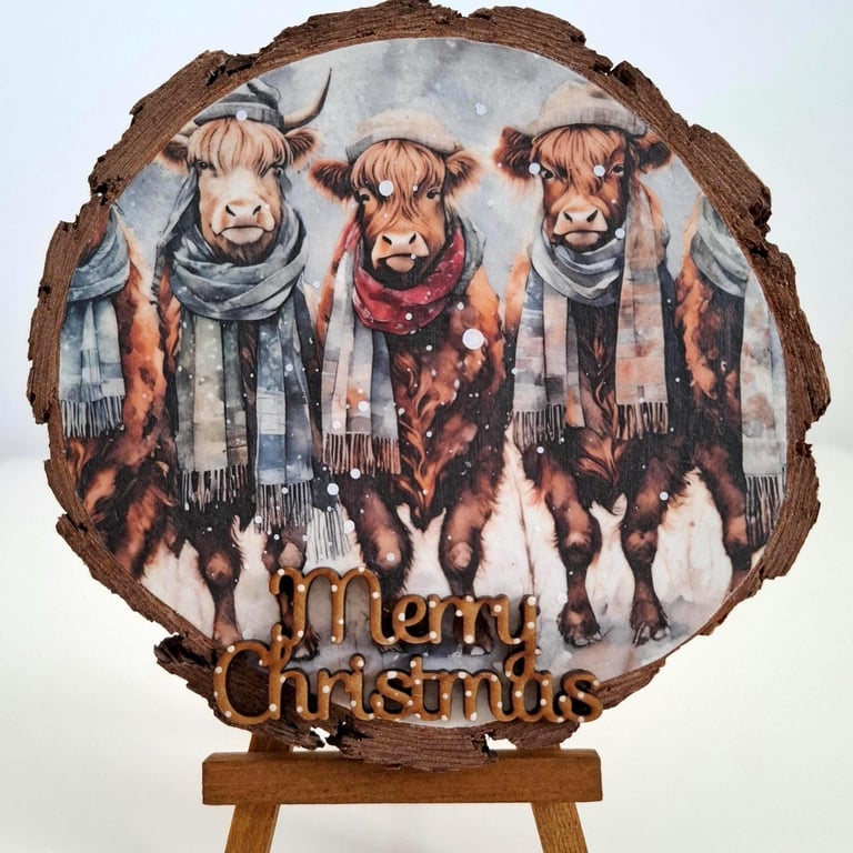 Handcrafted Wood Slice Christmas Card, Rustic Decoupage Easel Decor 15cm