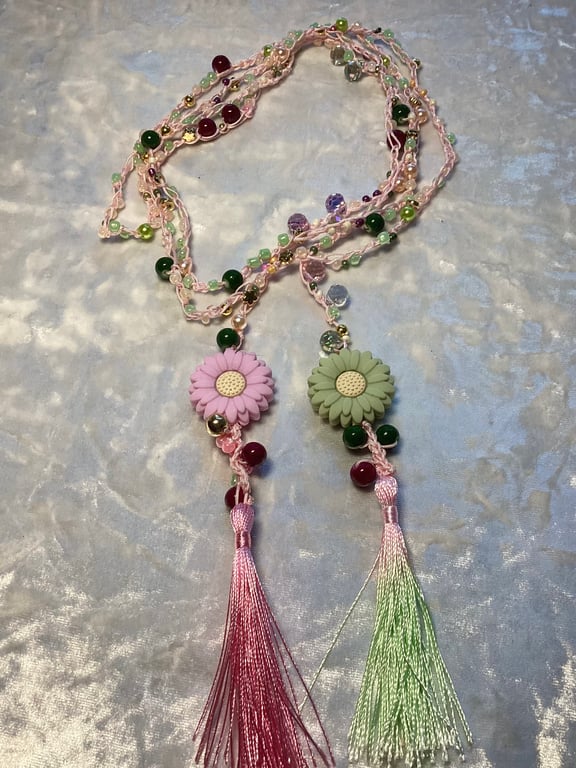 Wrap up necklace, crochet belt, beaded wrap up bracelet.