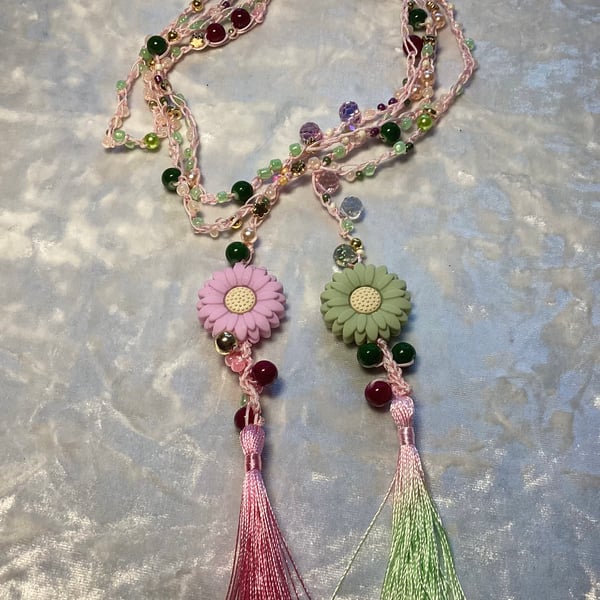 Wrap up necklace, crochet belt, beaded wrap up bracelet.