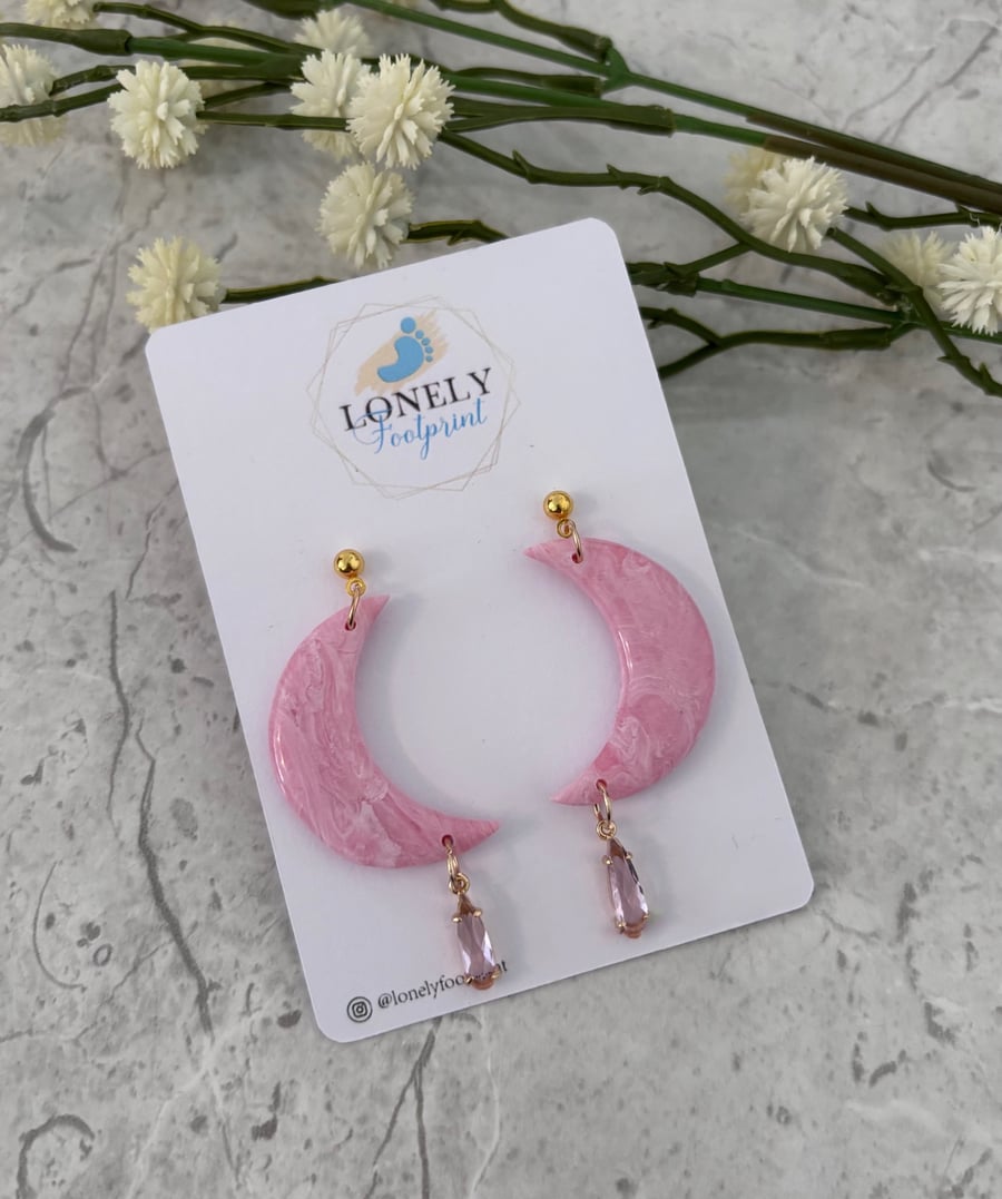 Pink Crescent Moon Polymer Clay Earrings with Star Charms - Lightweight 