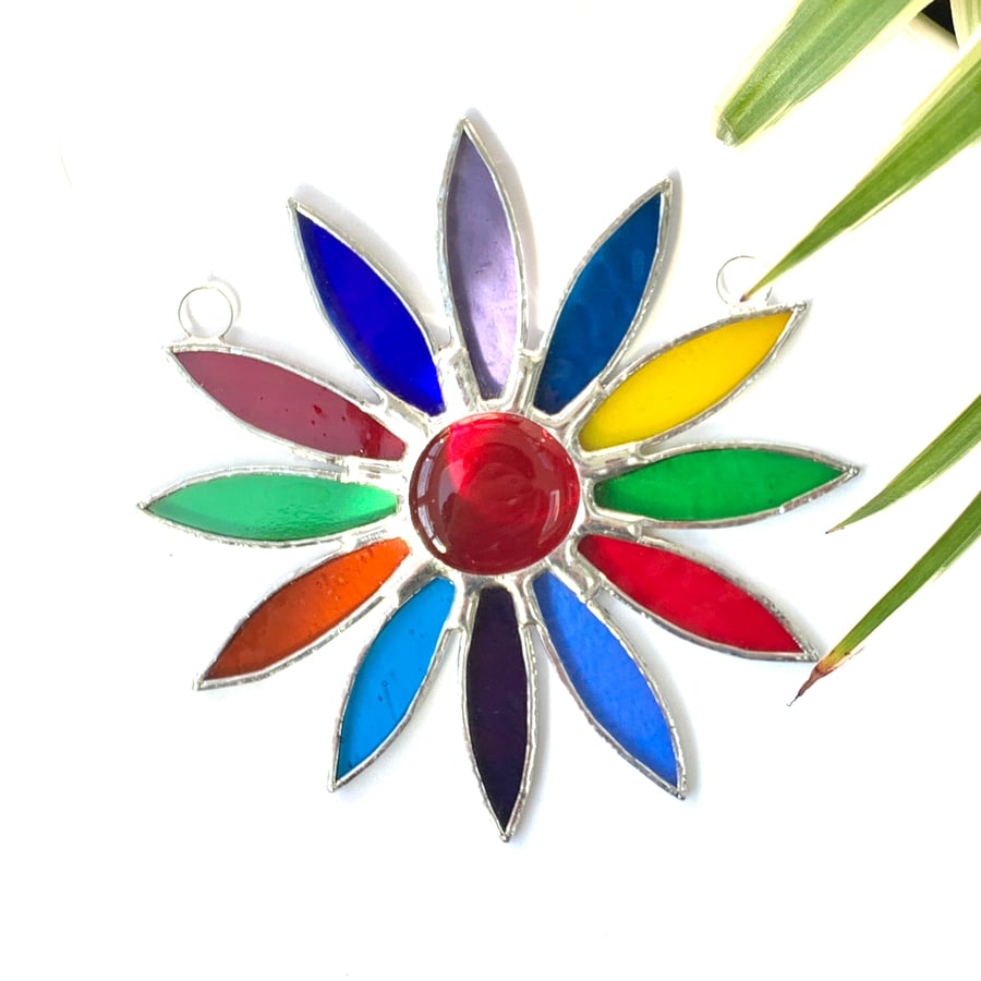 Stained Glass Daisy Suncatcher Handmade Hanging Decoration - Multi Vibrant 