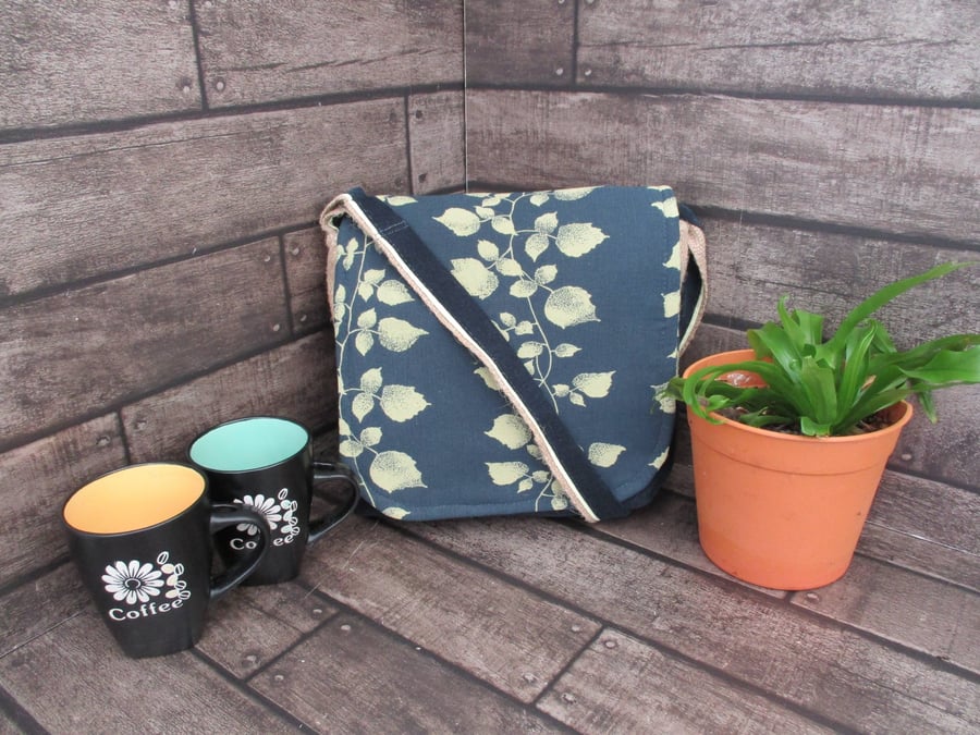 Upcycled Coffee Sack -  Crossbody Shoulder Bag - Teal and leaf pattern