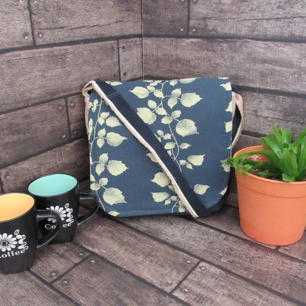 Upcycled Coffee Sack -  Crossbody Shoulder Bag - Teal and leaf pattern