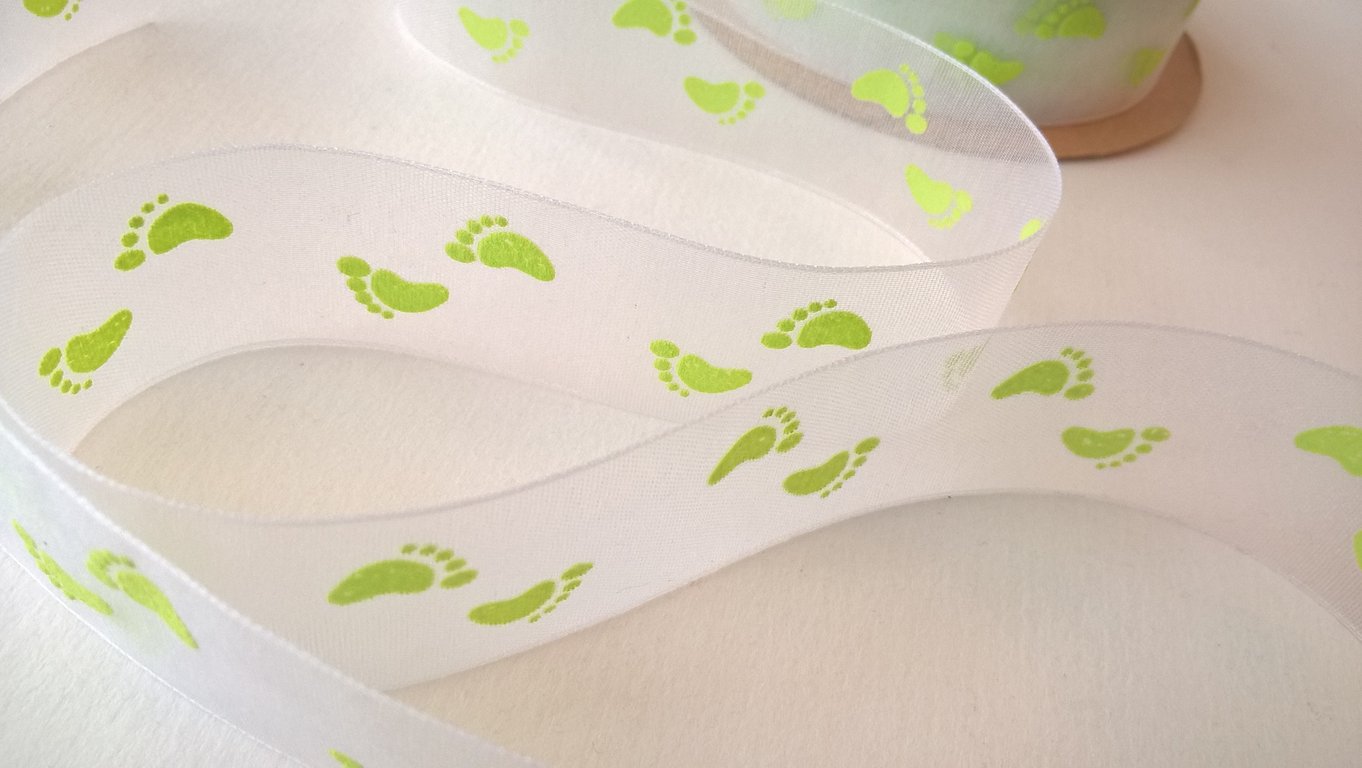 White and green footprint new baby organza ribbon, 3 metres, 22mm wide