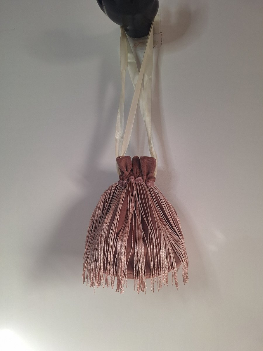 Pink Velvet drawstring pouch, Potli bag with tassel trim. 