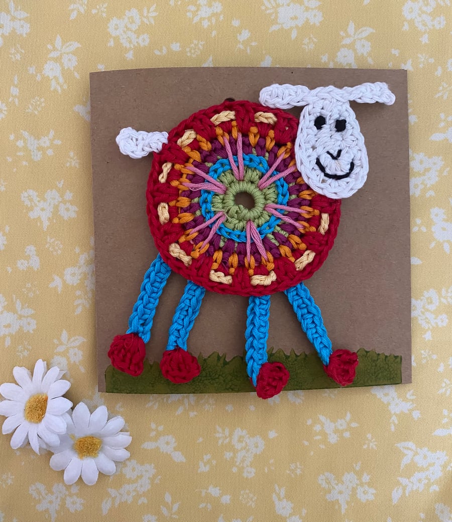 Greetings card, hand crochet hanging lamb gift. 