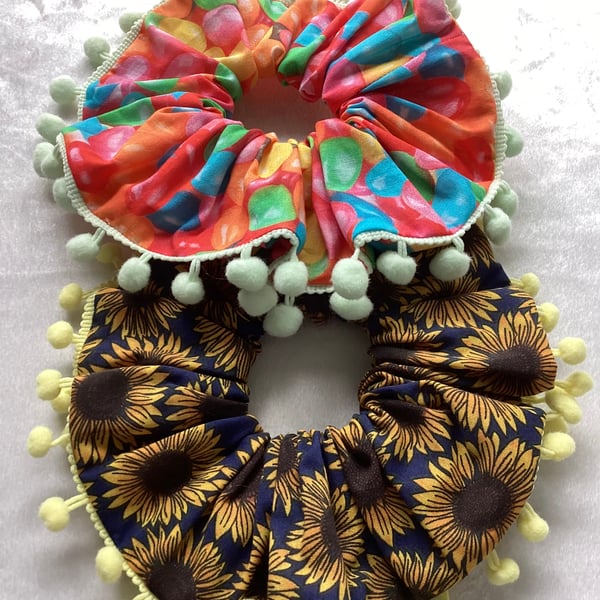 Scrunchies set of 2, large scrunchies, sunflower , jelly beans