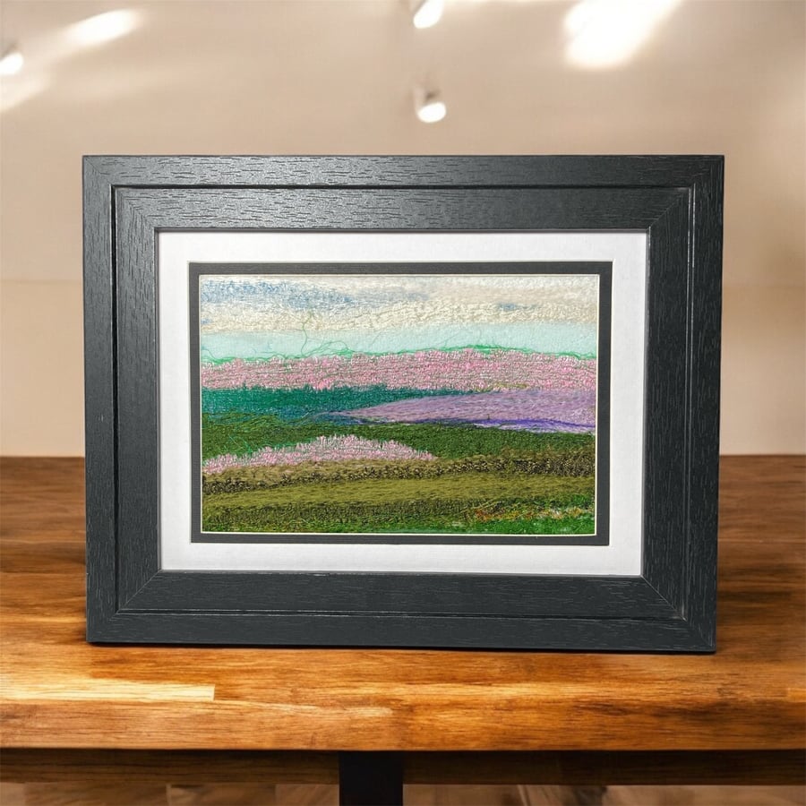 Textile picture, needle felted, fields of heather 5" x 7" framed or mounted