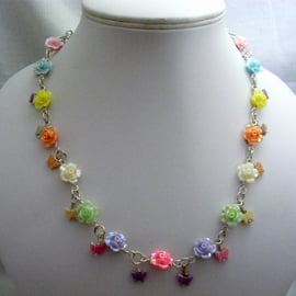 Pastel Flowers and Butterflies Necklace