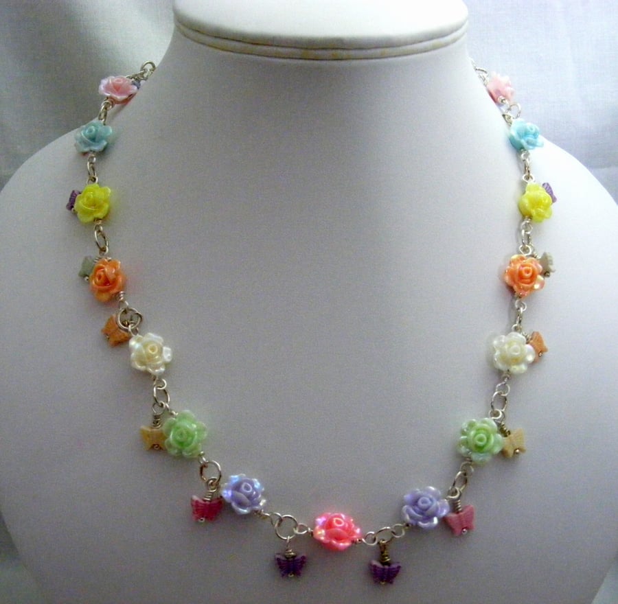 Pastel Flowers and Butterflies Necklace