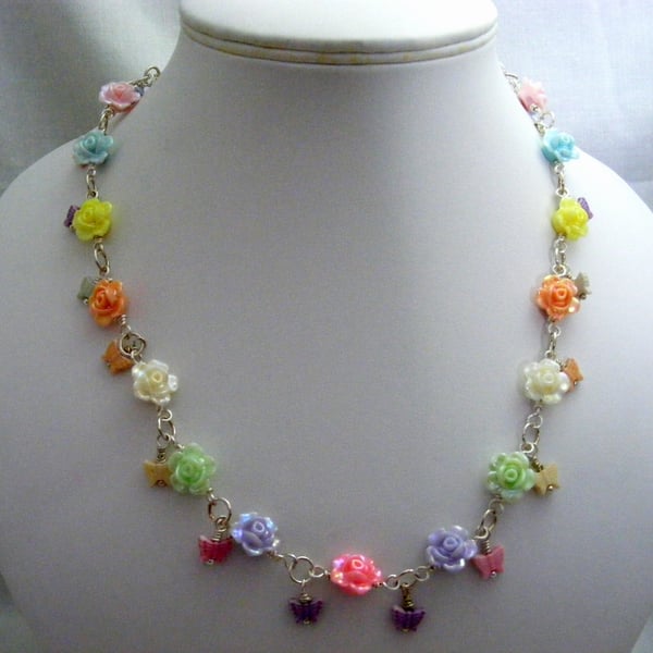 Pastel Flowers and Butterflies Necklace