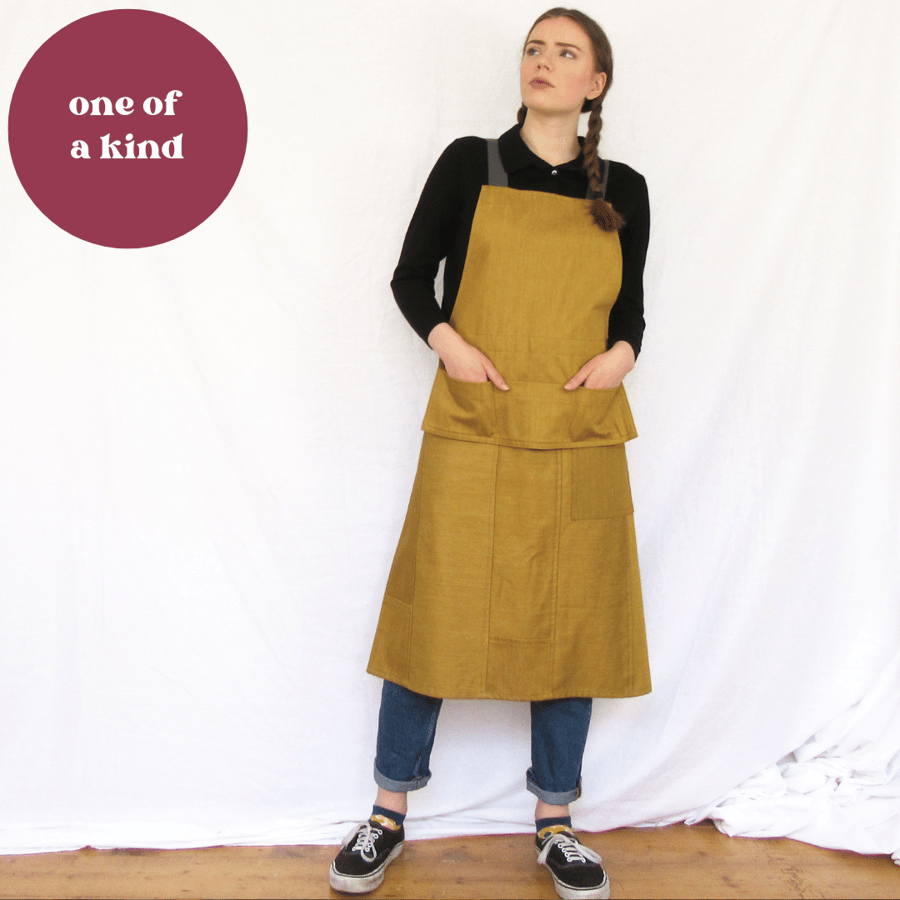 One-of-a-kind Ochre Denim Patchwork Apron, Adjustable Crossback, Upcycled