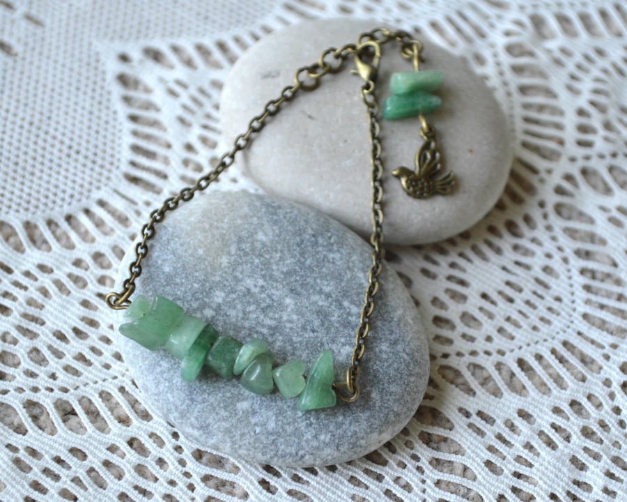 Jade Chip Bead Bracelet with Bird Charm