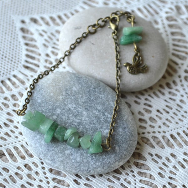 Jade Chip Bead Bracelet with Bird Charm