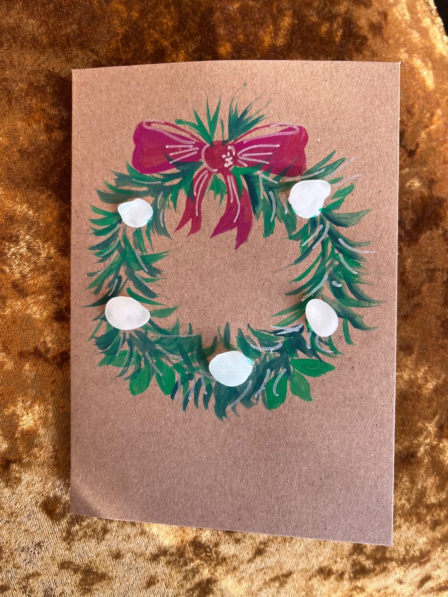 Image of Hand painted Seaglass Christmas Wreath card 