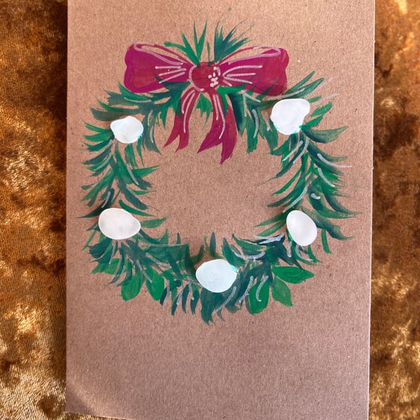 Hand painted Seaglass Christmas Wreath card 