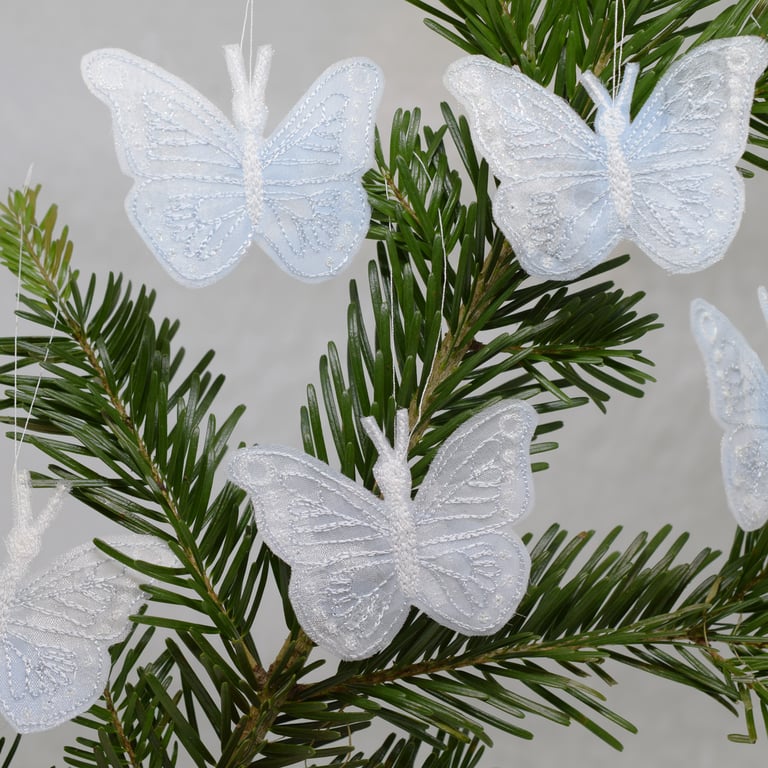 Frosted White and Blue Butterfly Decorations: Embroidered Winter Ornaments