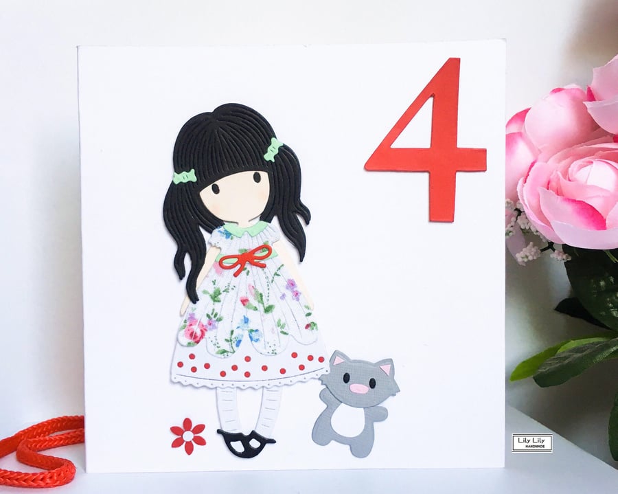 Age Birthday Card, cute, girl with cat