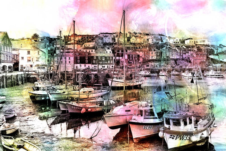 Picture of Mevagissey Harbour, Digital Art Print 'Colours' Boats, Cornwall