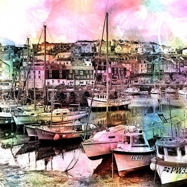 Picture of Mevagissey Harbour, Digital Art Print 'Colours' Boats, Cornwall