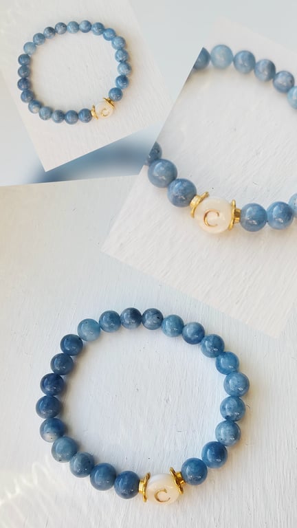 Personalised Blue Aquamarine Crystal And Initial Bead Bracelet For Gift  