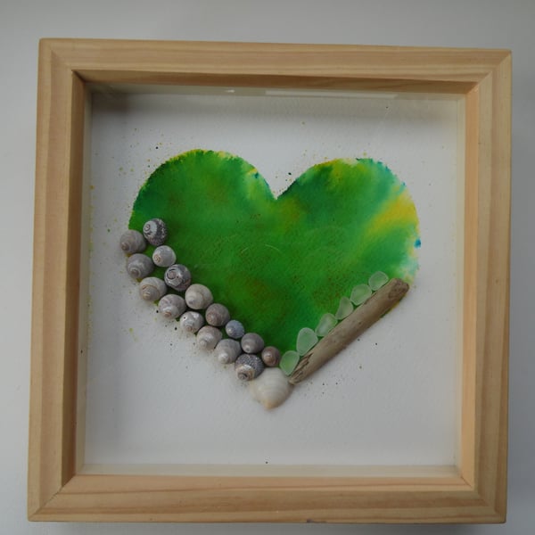 Lime Yellow Tie-Dye Heart of Cornwall Sea Glass, Sea Shell Picture P189