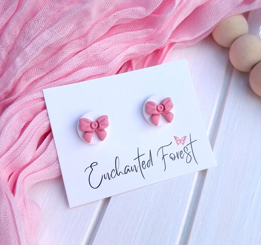Pink Bow Stud Earrings, Cottagecore Jewellery, Accessories & Gifts