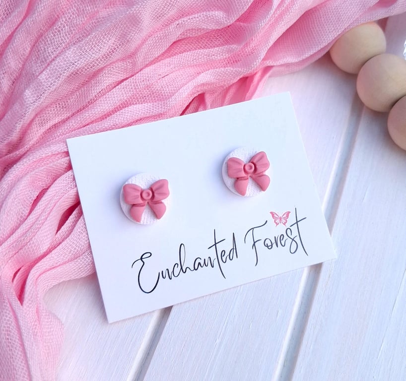 Pink Bow Stud Earrings, Cottagecore Jewellery, Accessories & Gifts