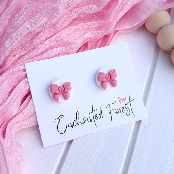 Pink Bow Stud Earrings, Cottagecore Jewellery, Accessories & Gifts
