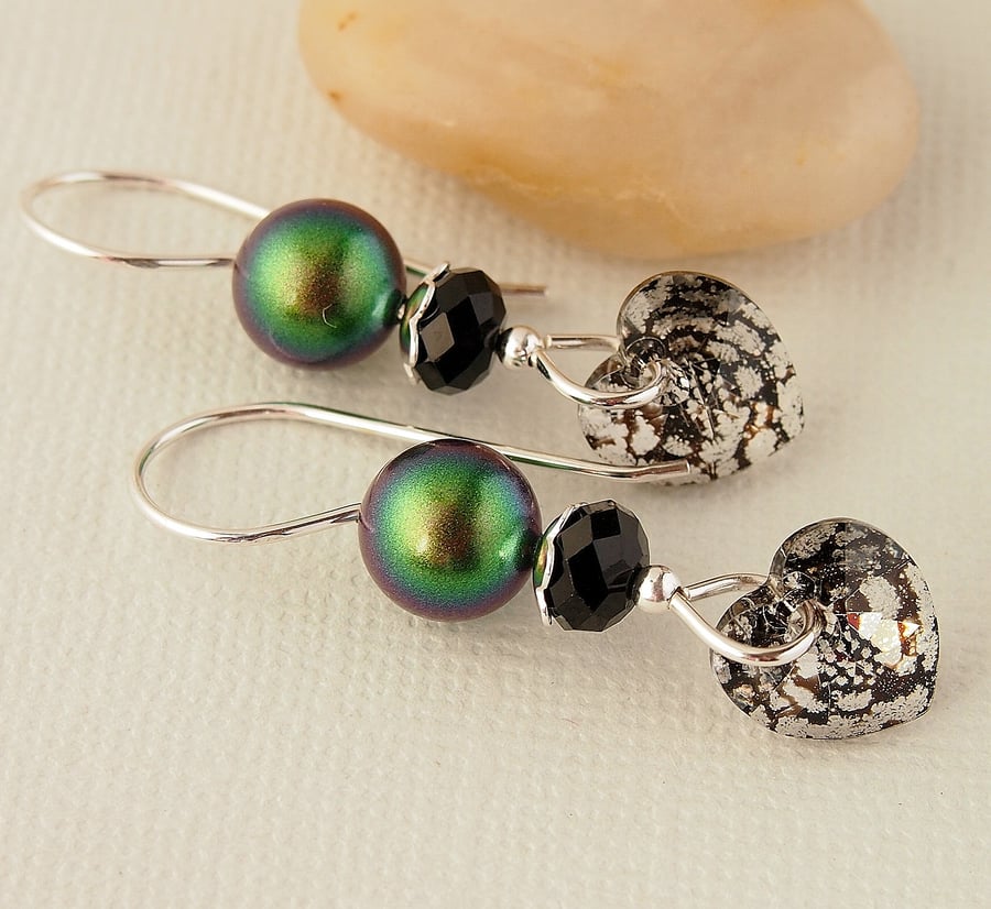 Green Pearl Earrings - Black Heart Earrings - Swarovski - Sterling Silver