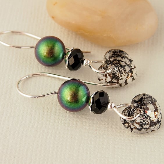 Green Pearl Earrings - Black Heart Earrings - Swarovski - Sterling Silver