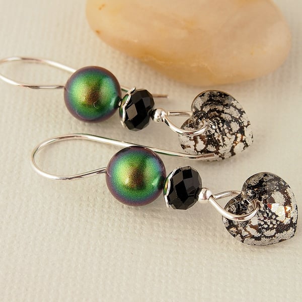 Green Pearl Earrings - Black Heart Earrings - Swarovski - Sterling Silver