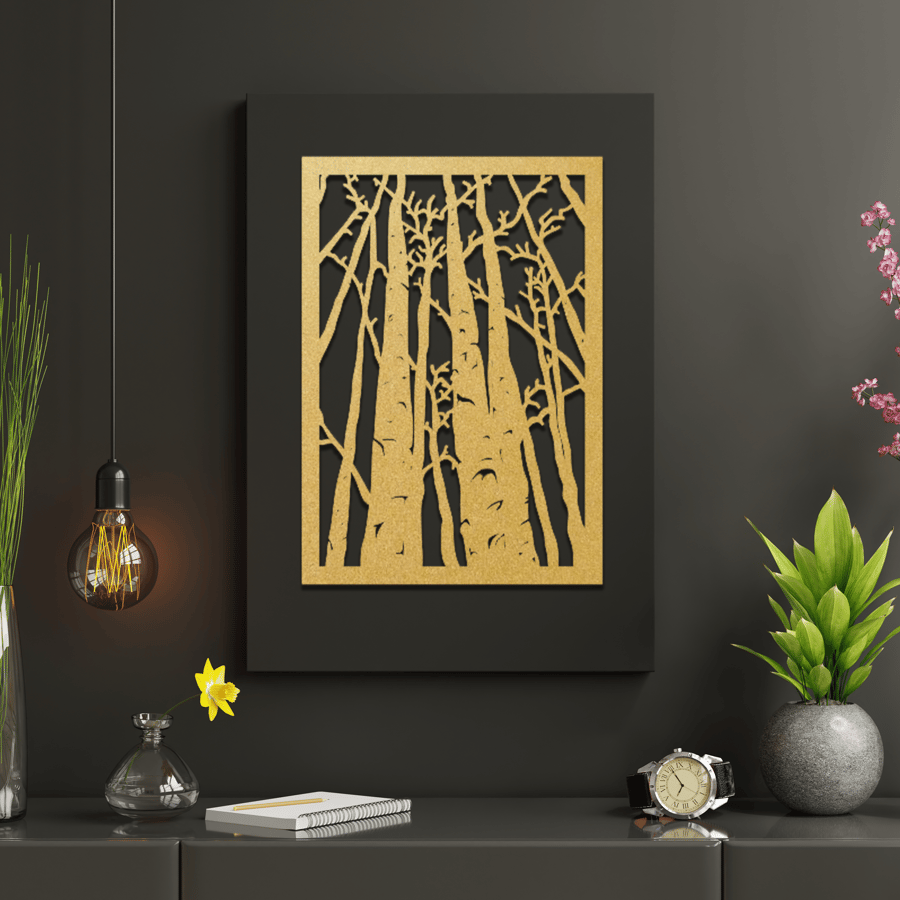 Laser Cut Wooden Trees Art, Rustic Forest Decor, Home Office, Wood Grain