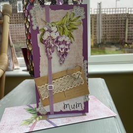 Wisteria decoupaged flowers mixed media Mother's day card