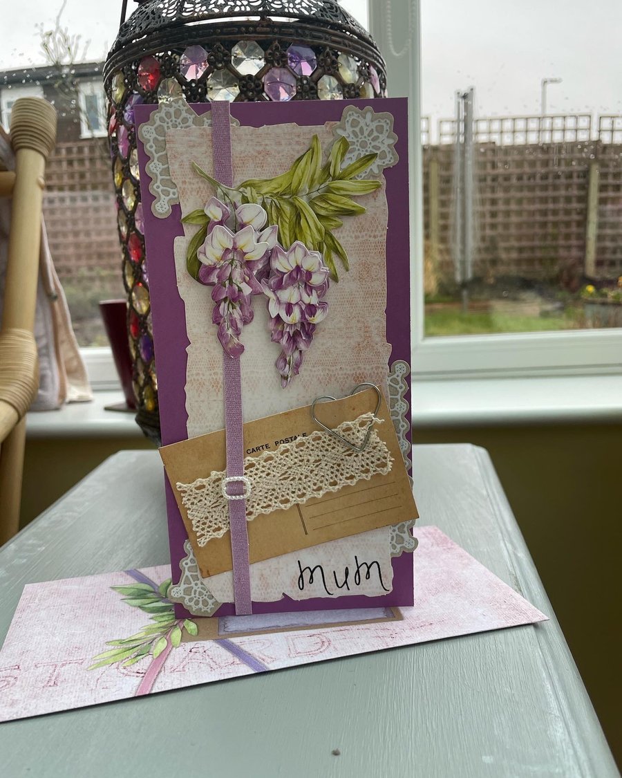 Wisteria decoupaged flowers mixed media Mother's day card