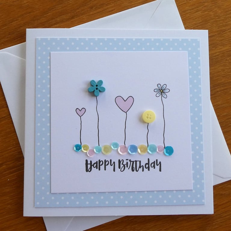Happy Birthday Card - Flowers, Hearts and Sequins - Turquoise Blue and Pink