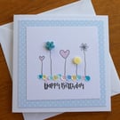 Happy Birthday Card - Flowers, Hearts and Sequins - Turquoise Blue and Pink