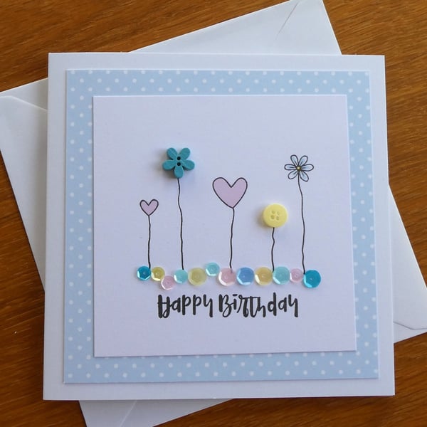 Happy Birthday Card - Flowers, Hearts and Sequins - Turquoise Blue and Pink