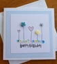 Happy Birthday Card - Flowers, Hearts and Sequins - Turquoise Blue and Pink