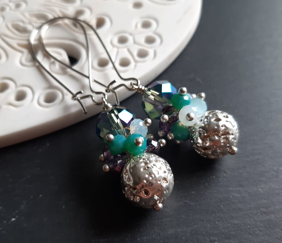 Silver Lava and Crystal Cluster Earrings