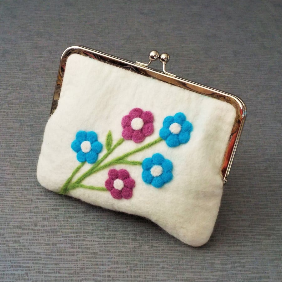Clutch bag handmade white wool felt handbag with needle-felted flowers