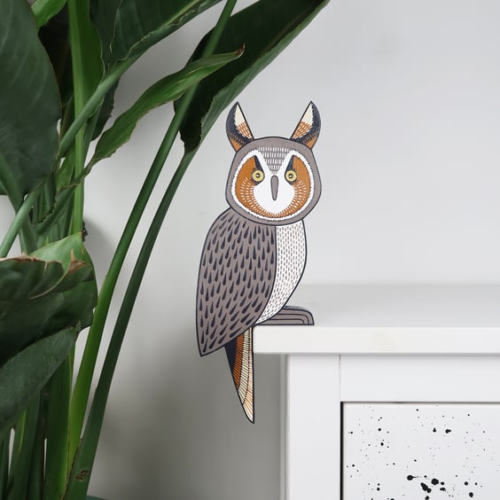 Long eared owl door topper, hand painted wooden bird wall art, forest theme.