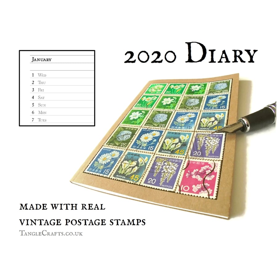 2020 Diary, Japanese Floral, Vintage Flowers Postage Stamps, upcycled agenda