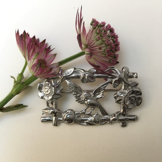 Bird and flowers brooch pin vintage style.